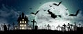 Halloween Silhouette of Witch flying over the full moon. 3D Illustration Royalty Free Stock Photo