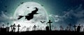 Halloween Silhouette of Witch flying over the full moon. 3D Illustration Royalty Free Stock Photo