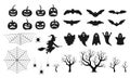 Halloween silhouettes collection with pumpkin, bat, ghost, spider web, witch and spooky tree icons. Vector illustration Royalty Free Stock Photo