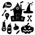 Halloween silhouettes. Horror holiday icons collection potion and pumpkin, witch magic house and hat, black doodle vector set Royalty Free Stock Photo