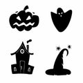 Halloween silhouettes. Horror holiday icons collection pumpkin and hat, witch house and magic hat, black doodle vector set Royalty Free Stock Photo