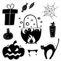 Halloween silhouettes. Horror holiday icons collection, pumpkins and box, gift and cobweb, cat and potion black doodle vector set