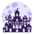 Halloween silhouettes of a medieval haunted castle on the background of a full moon