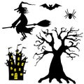 Halloween silhouettes. Set of witch, spider, bat, tree, and castle