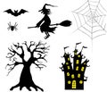 Halloween silhouettes. Set of witch, spider, bat, tree, castle and web