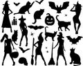 Halloween Silhouettes. Witch, pumpkin, black cat.Halloween party. Spider sticker. Trick or treat.