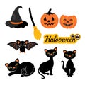 Halloween Silhouettes. Witch, pumpkin, black cat,spider, bat and broom. Royalty Free Stock Photo