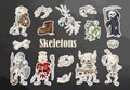 Halloween skeletons art stickers set. Cartoon hand drawn skeletons Royalty Free Stock Photo