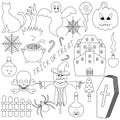 Halloween. Sketch. Set of vector illustrations. Collection of festive mystical elements. Cat, pumpkin, coffin, ghost, eyeball Royalty Free Stock Photo