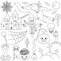 Halloween. Sketch. Set of vector illustrations. Collection of festive mystical elements. Pumpkin, witch, scarecrow, skull, crosses Royalty Free Stock Photo