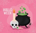 Halloween skull with candle eye and witch bowl vector design