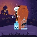Halloween Skull Cartoon In Coffin With Eyes Jar And Raven At Night Vector Design