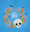 Halloween skull cartoon with leaves and bats vector design