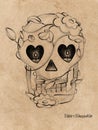 Halloween Skull Design, Bitmap Or Dots Graphics Style.Contain Flowers On The Head And Eyes Like Candles.Greeting Card
