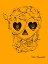 Halloween skull design, Vector bitmap or dots graphics style.Contain flowers on the head and eyes like candles.Greeting