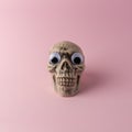 Halloween Skull Head With Funny Eyes On Pink Background. Funny Minimal Concept