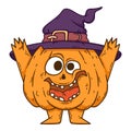 Halloween smiling pumpkin with hands, legs and witch hat