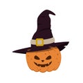 Halloween smiling scary pumpkin in a hat. Color vector illustration of a flat style. White isolated background. Royalty Free Stock Photo