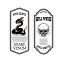 Halloween snake poison. Skull powder. Bottle label template. Design element for poster, card, banner, sign.