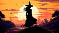 Halloween sorceress, a witch in enchanted forest at orange sunset. Generative AI