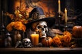 Halloween. The souls of the dead returned to their homes. Pumpkins, witches, skeletons, sorceresses, spirits of the dead Royalty Free Stock Photo