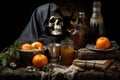 Halloween. The souls of the dead returned to their homes. Pumpkins, witches, skeletons, sorceresses, spirits of the dead Royalty Free Stock Photo