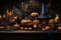 Halloween. The souls of the dead returned to their homes. Pumpkins, witches, skeletons, sorceresses, spirits of the dead Royalty Free Stock Photo