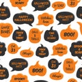 Halloween speech bubbles. Black and orange comic bubble with happy party magic, 31 oct and boo, seamless pattern on