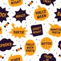 Halloween speech bubbles. Comic bubbles black and orange color with text happy halloween, magic and party, witch seamless vector