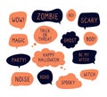 Halloween speech bubbles. Trick or threat, happy halloween, ghost and boo text in comic thinking bubbles. Vector set