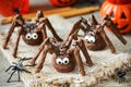 Halloween spider cakes with candy eyes in chocolate, Halloween treats Royalty Free Stock Photo