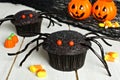 Halloween spider cupcakes with candy on wood background