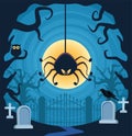 Halloween spider hanging in cemetery scene Royalty Free Stock Photo