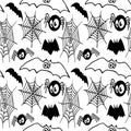 Halloween spiders and cobweb, bat, black line isolated pattern Royalty Free Stock Photo
