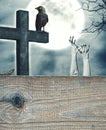 Halloween spooky background with cross and wooden frame Royalty Free Stock Photo
