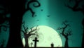 Halloween spooky background green theme, with the spooky tree , moon , bats , zombie hand and graveyard