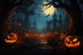 Halloween spooky background, scary jack o lantern pumpkins creepy forest castle. Royalty Free Stock Photo