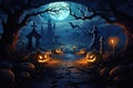 Halloween spooky background, scary jack o lantern pumpkins creepy forest castle. Royalty Free Stock Photo