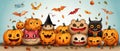 Halloween spooky background, scary jack o lantern pumpkins creepy forest castle. Royalty Free Stock Photo