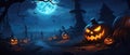 Halloween spooky background, scary jack o lantern pumpkins creepy forest castle. Royalty Free Stock Photo