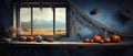 Halloween spooky background, scary pumpkins in creepy horror ghost castle. Royalty Free Stock Photo