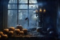 Halloween spooky background, scary pumpkins in creepy horror ghost castle. Royalty Free Stock Photo