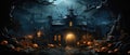 Halloween spooky background, scary pumpkins in creepy horror ghost castle. Royalty Free Stock Photo