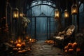 Halloween spooky background, scary pumpkins in creepy horror ghost castle. Royalty Free Stock Photo