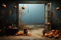 Halloween spooky background, scary pumpkins in creepy horror ghost castle. Royalty Free Stock Photo