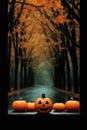 Halloween spooky background, scary pumpkins in creepy horror ghost castle. Royalty Free Stock Photo