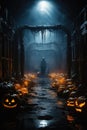 Halloween spooky background, scary pumpkins in creepy horror ghost house room. Royalty Free Stock Photo