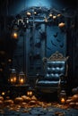 Halloween spooky background, scary pumpkins in creepy horror ghost house room. Royalty Free Stock Photo