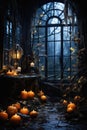 Halloween spooky background, scary pumpkins in creepy horror ghost castle. Royalty Free Stock Photo