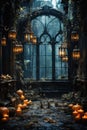 Halloween spooky background, scary pumpkins in creepy horror ghost castle. Royalty Free Stock Photo